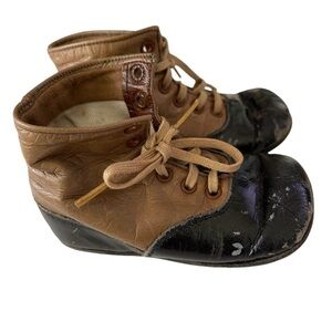 Antique Victorian Brown and Black Leather Lace up infant Baby Shoes As Is